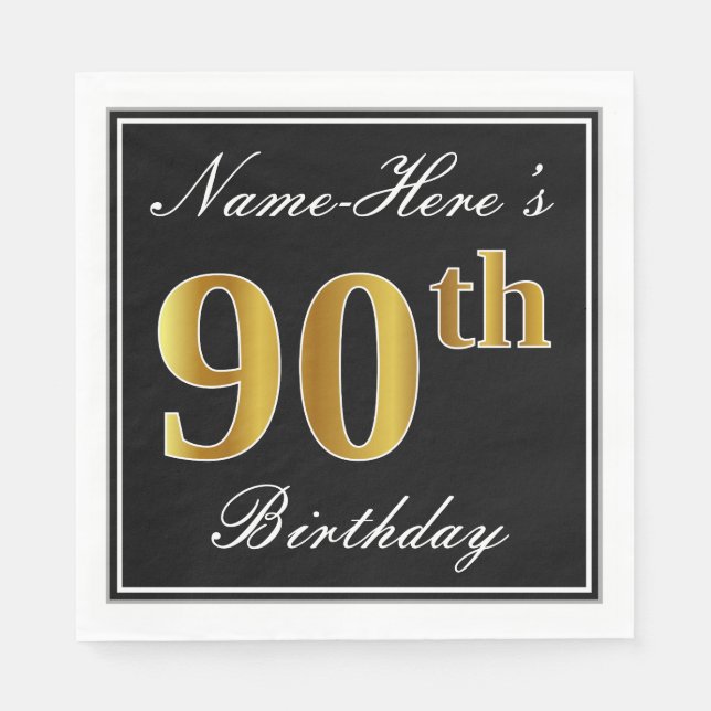 Elegant, Faux Gold 90th Birthday + Custom Name Napkin (Front)