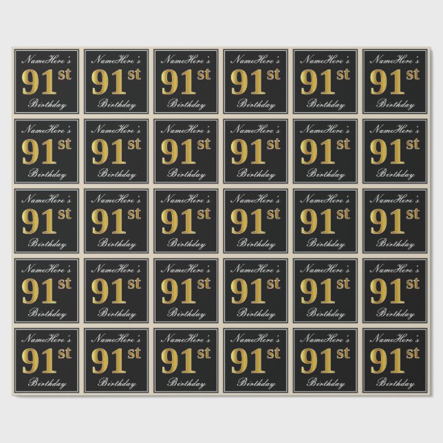 Elegant, Faux Gold 91st Birthday + Custom Name Wrapping Paper (Flat)