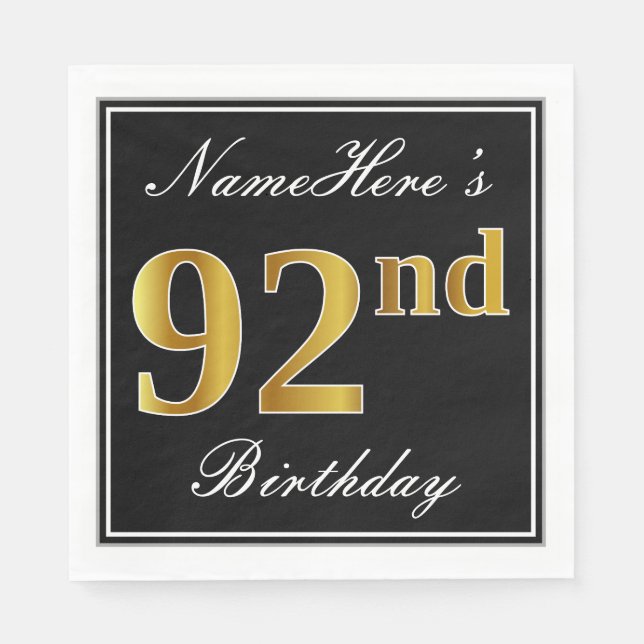Elegant, Faux Gold 92nd Birthday + Custom Name Napkin (Front)