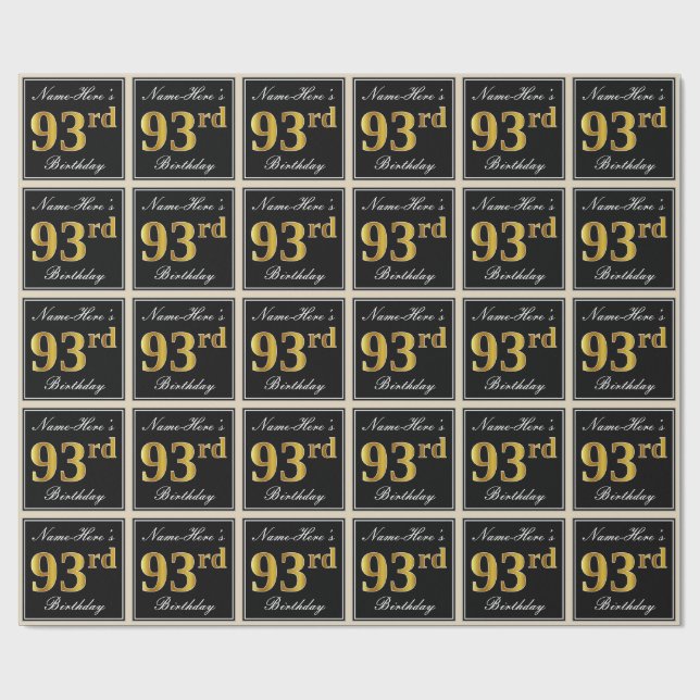 Elegant, Faux Gold 93rd Birthday + Custom Name Wrapping Paper (Flat)