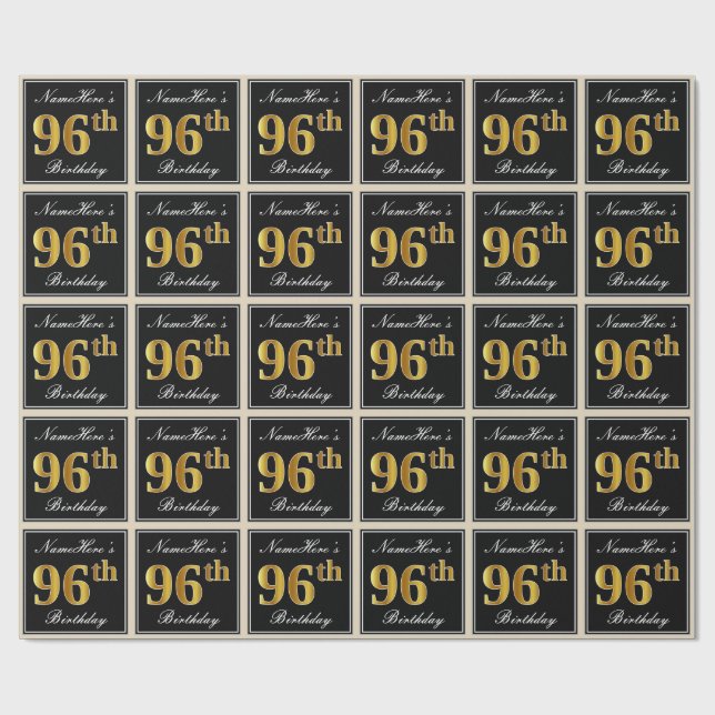 Elegant, Faux Gold 96th Birthday + Custom Name Wrapping Paper (Flat)