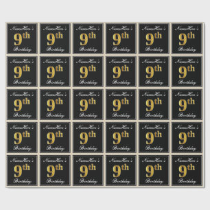 Elegant, Faux Gold 9th Birthday + Custom Name Wrapping Paper