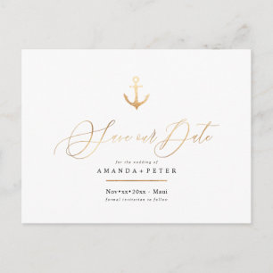 Elegant Faux Gold Anchor, Nautical Save the Date Postcard