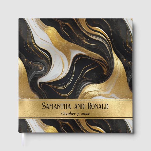 Elegant Faux Gold and Black Marbled Wedding Guest Book (Front)