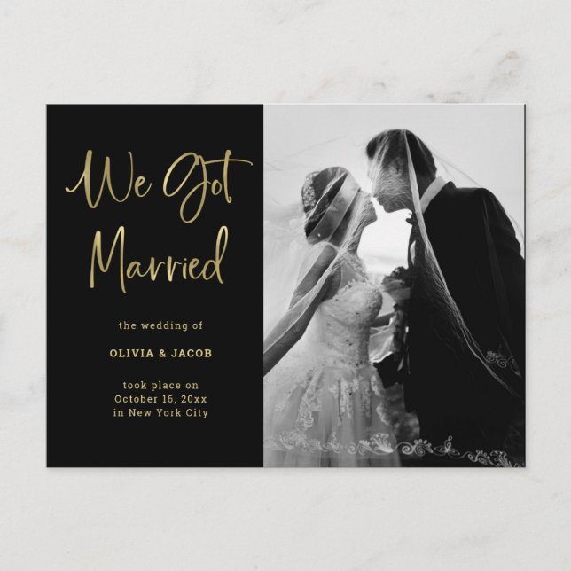 Elegant Faux Gold and Black | Photo Wedding Announcement Postcard (Front)