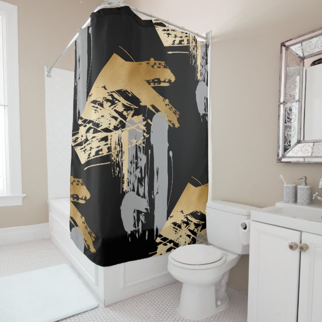 elegant faux gold and grey brushstrokes shower curtain (In Situ)
