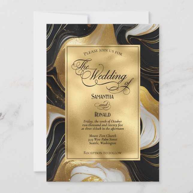 Elegant Faux Gold, Black and White Marbled Wedding Invitation (Front)
