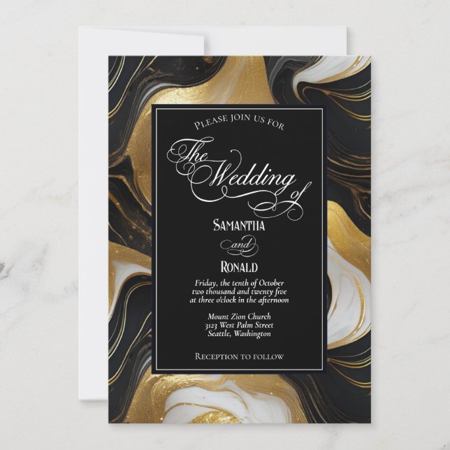 Elegant Faux Gold, Black and White Marbled Wedding Invitation (Front)