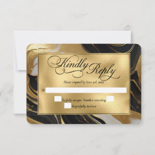 Elegant Faux Gold, Black and White Marbled Wedding RSVP Card