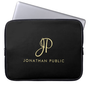 Elegant Faux Gold & Black Typography Monogram Laptop Sleeve