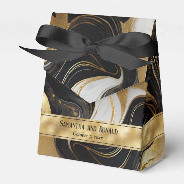 Elegant Faux Gold, Black White Marble Favour Boxes (Front Side)