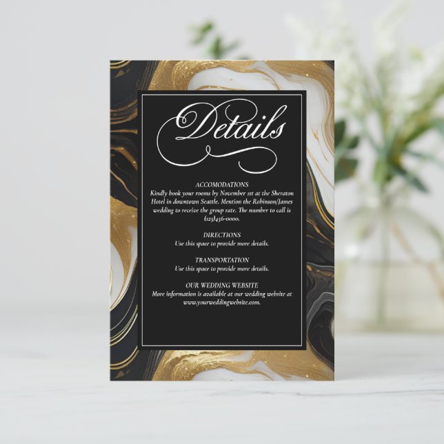 Elegant Faux Gold, Black & White Marbled Wedding Enclosure Card (Standing Front)