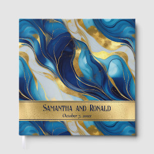 Elegant Faux Gold, Blue and White Marbled Wedding Guest Book