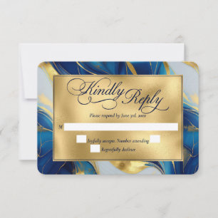 Elegant Faux Gold, Blue and White Marbled Wedding RSVP Card