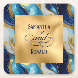 Elegant Faux Gold, Blue and White Marbled Wedding Square Paper Coaster