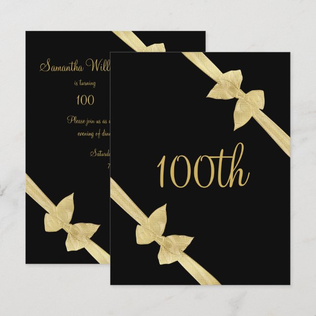 Elegant Faux Gold Bows 100th Birthday Invitation (Front/Back)