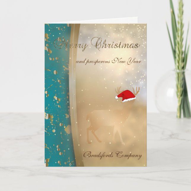 Elegant Faux Gold Christmas Deer Santa Hat,Company Holiday Card (Front)