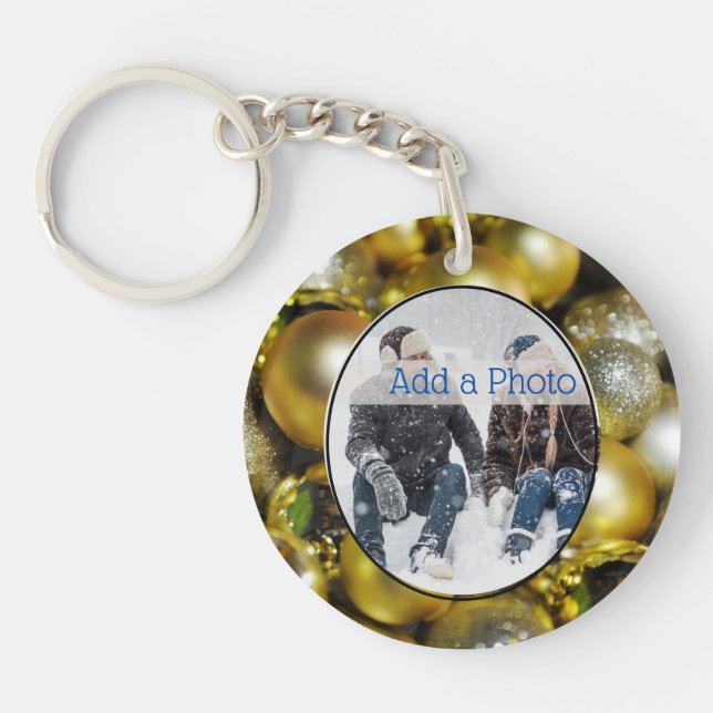 Elegant Faux Gold Christmas Family Photo Frame Key Ring (Front)