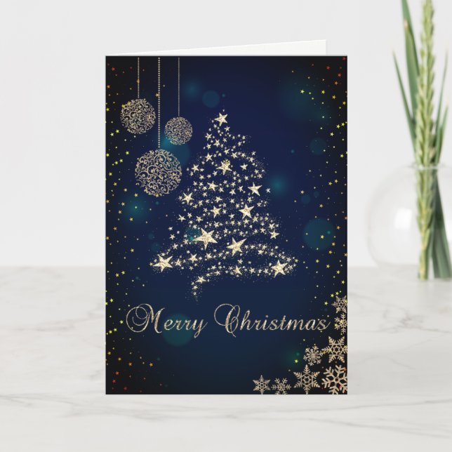 Elegant Faux Gold Christmas Tree,Snowflakes Blue Holiday Card (Front)