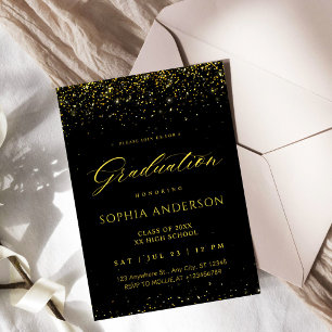 Elegant Faux Gold Confetti Black Graduation Invitation