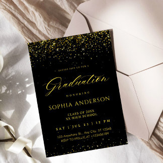 Elegant Faux Gold Confetti Black Graduation Invitation