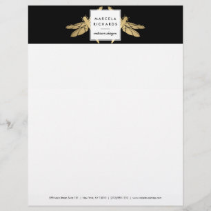 Elegant Faux Gold Dragonfly Duo on Black Customized Letterhead