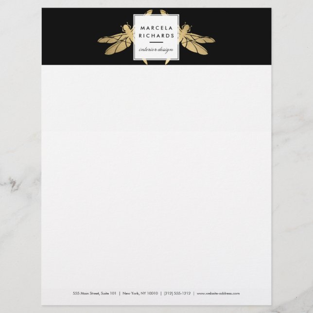 Elegant Faux Gold Dragonfly Duo on Black Customized Letterhead (Front)