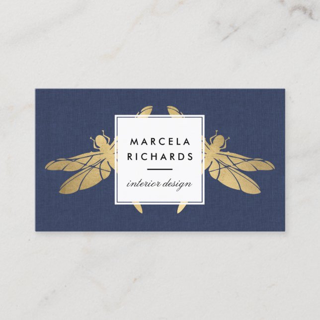 Elegant Faux Gold Dragonfly Duo on Navy Linen Business Card (Front)
