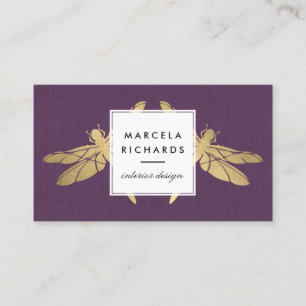 Elegant Faux Gold Dragonfly Duo on Purple Linen Business Card