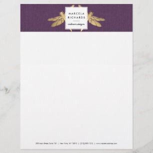 Elegant Faux Gold Dragonfly Duo on Purple Linen Letterhead Design
