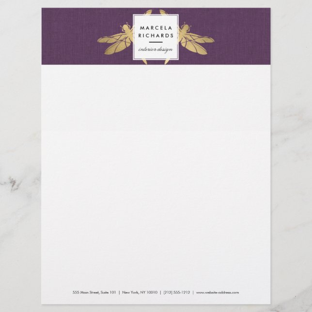 Elegant Faux Gold Dragonfly Duo on Purple Linen Letterhead Design (Front)