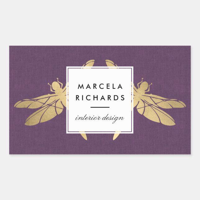 Elegant Faux Gold Dragonfly Duo on Purple Linen Rectangular Sticker (Front)