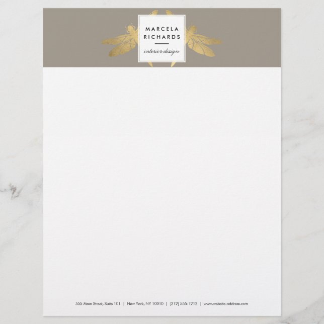 Elegant Faux Gold Dragonfly Duo on Taupe Letterhead Template (Front)