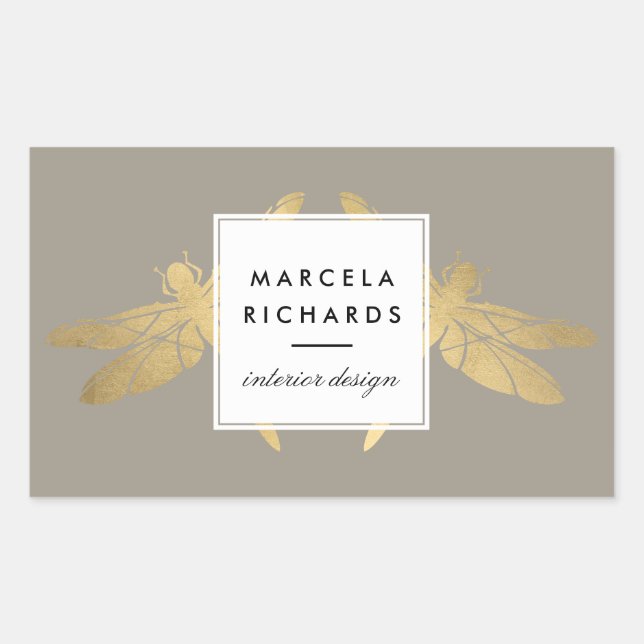 Elegant Faux Gold Dragonfly Duo on Taupe Rectangular Sticker (Front)