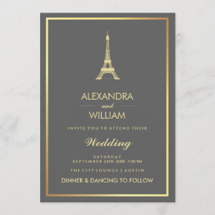 Elegant Faux Gold Eiffel Tower on Grey Wedding Invitation