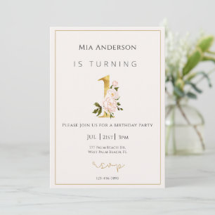 Elegant Faux Gold Floral Minimal 1st Birthday  Invitation