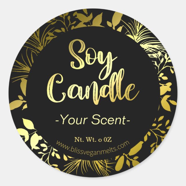 Elegant FAUX Gold Foil Branch Black Soy Wax Candle Classic Round Sticker (Front)
