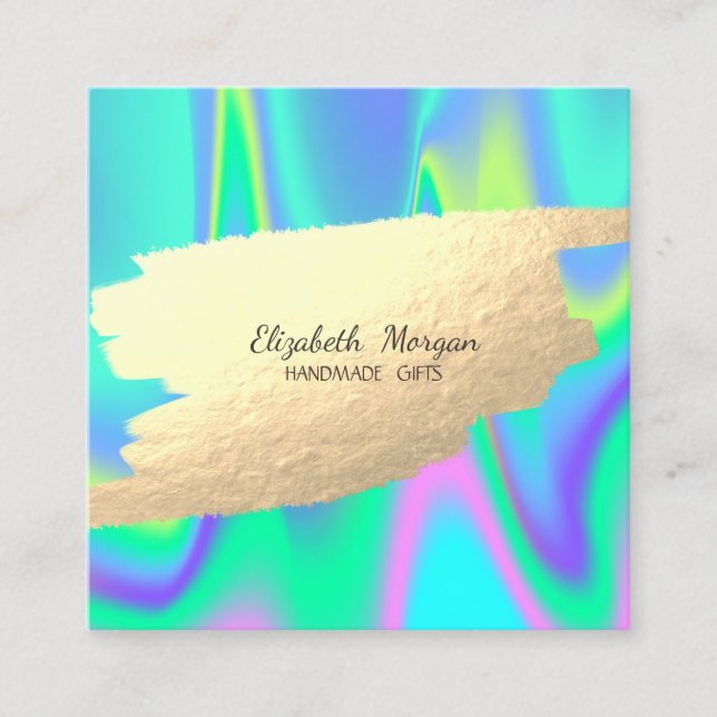 Elegant  Faux Gold Foil Brush Stroke Holographic Square Business Card (Front)