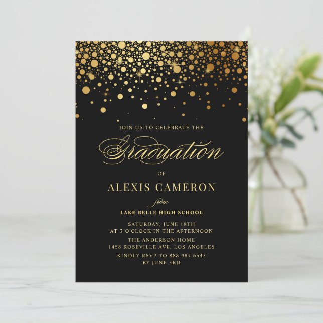 Elegant Faux Gold Foil Confetti Black Graduation Invitation (Standing Front)