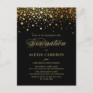 Elegant Faux Gold Foil Confetti Black Graduation Invitation Postcard