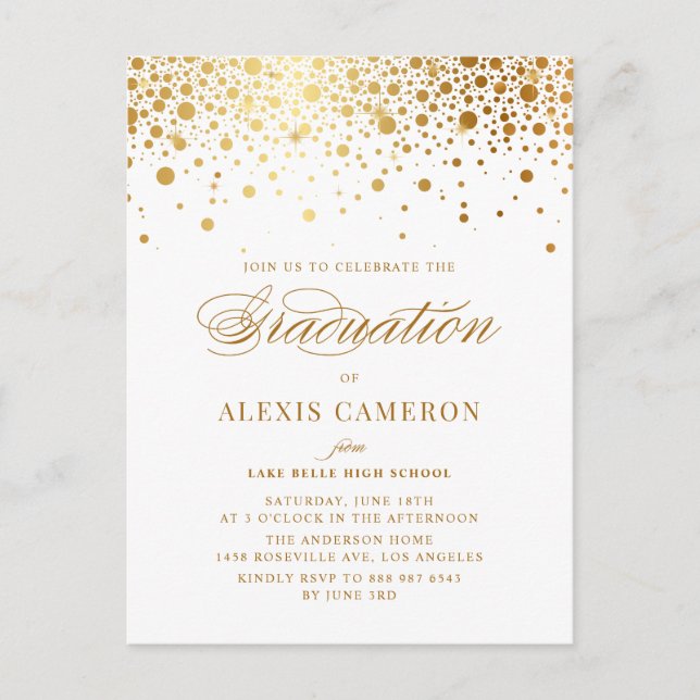 Elegant Faux Gold Foil Confetti Graduation Invitation Postcard (Front)