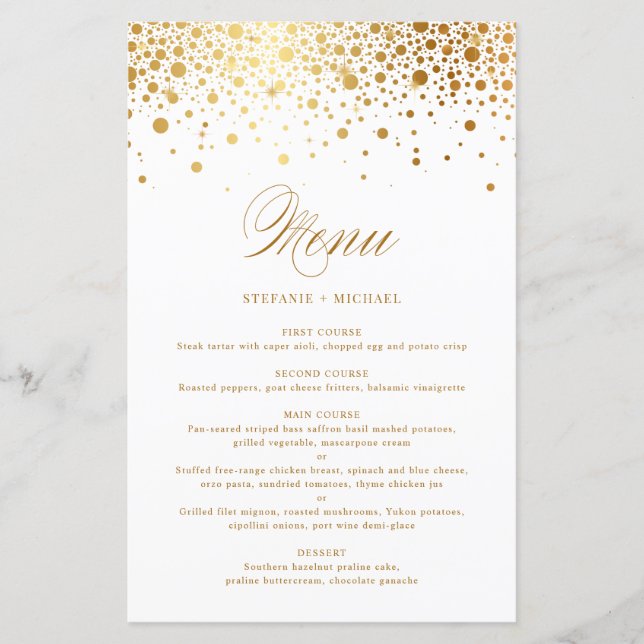 Elegant Faux Gold Foil Confetti Wedding Menu Card (Front)