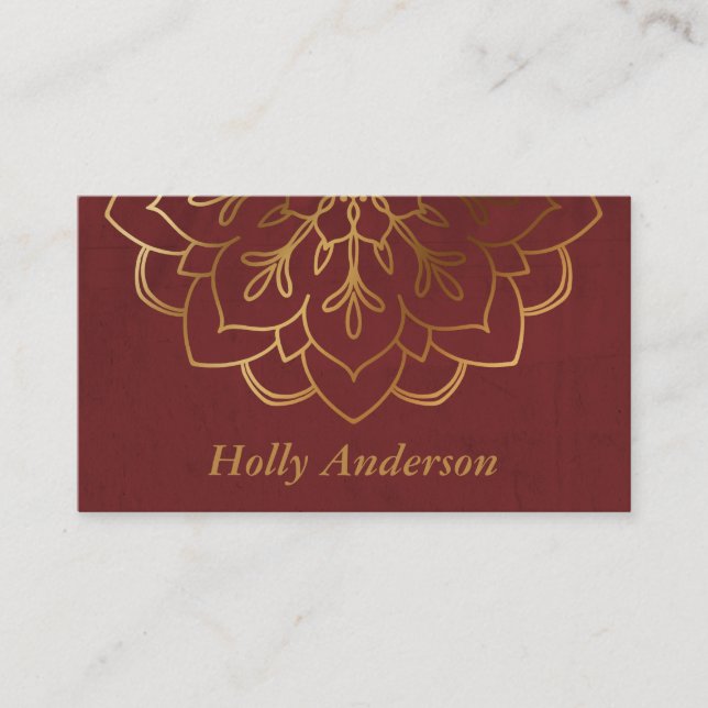 Elegant Faux Gold Foil Mandala w/ Texture & Maroon Business Card (Front)