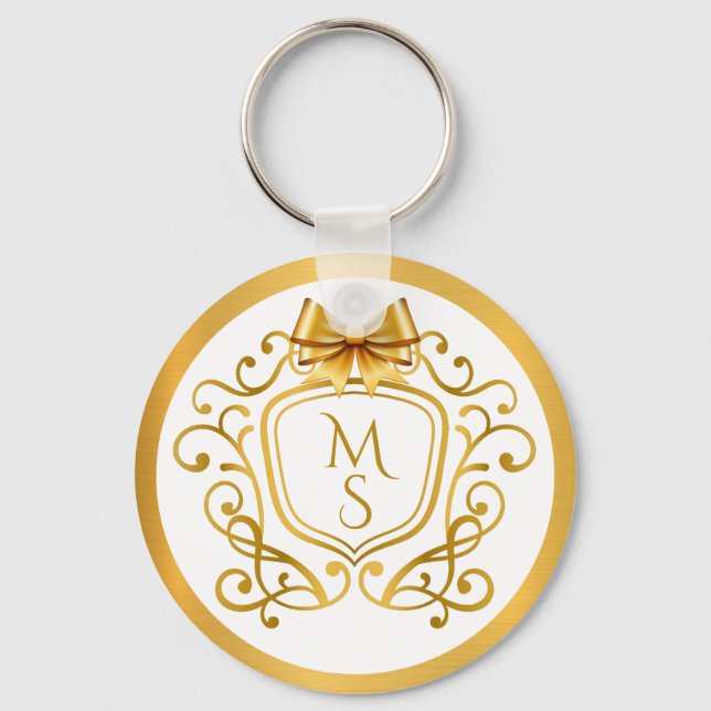 Elegant Faux Gold Foil Monogram Wedding Favour Key Ring (Front)