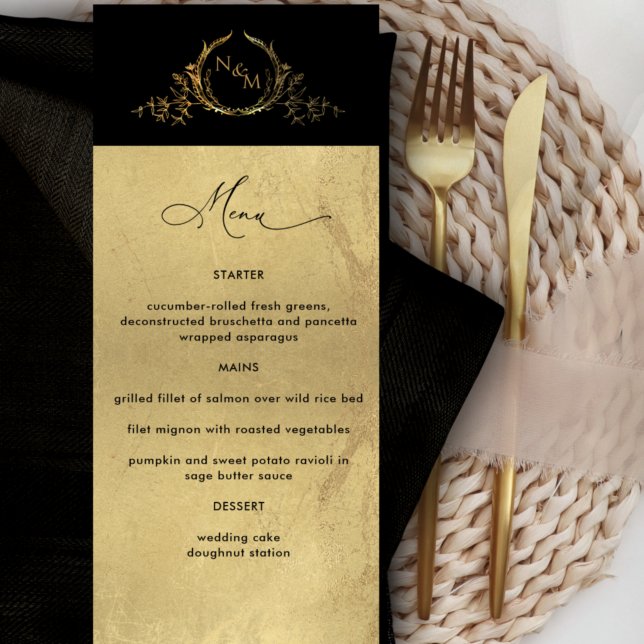 Elegant Faux Gold Foil Monogrammed Wedding Menu (Creator Uploaded)