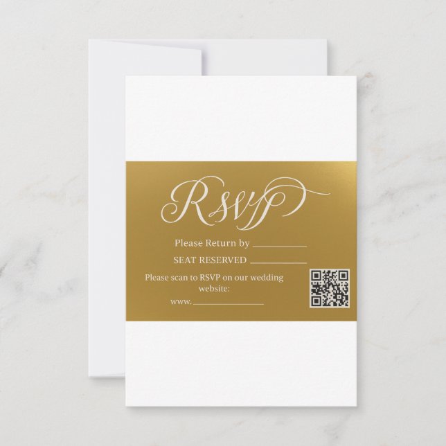 Elegant Faux Gold Foil Script QR Code Wedding RSVP Card (Front)