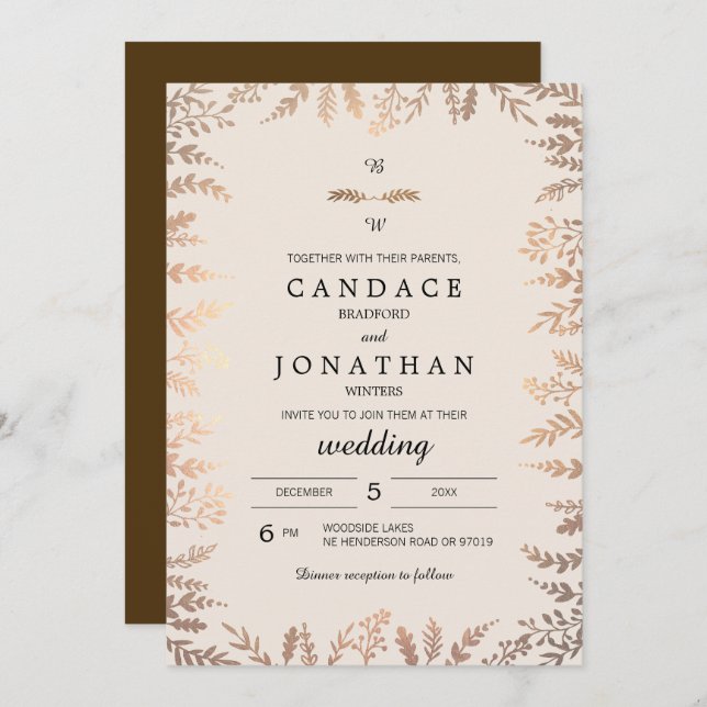 Elegant Faux Gold Foliage Wedding Invitation (Front/Back)