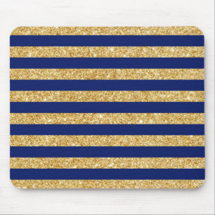 Elegant Faux Gold Glitter and Blue Stripe Pattern Mouse Mat