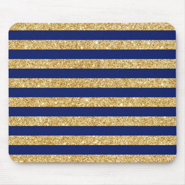 Elegant Faux Gold Glitter and Blue Stripe Pattern Mouse Mat (Front)