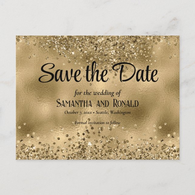 Elegant Faux Gold Glitter and Foil Wedding Announcement Postcard (Front)